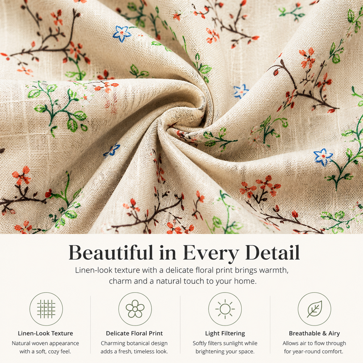 Daisy Floral Linen Look Curtains – Light Filtering Cottage Drapes