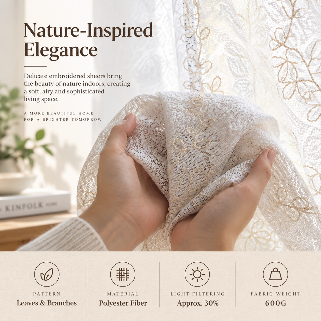 Embroidered Floral Sheer Curtains – Elegant Light Filtering Window Panels