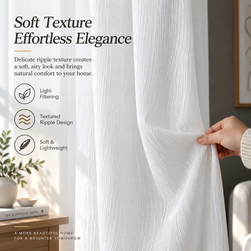 Textured White Sheer Curtains – Light Filtering Ripple Window Panels