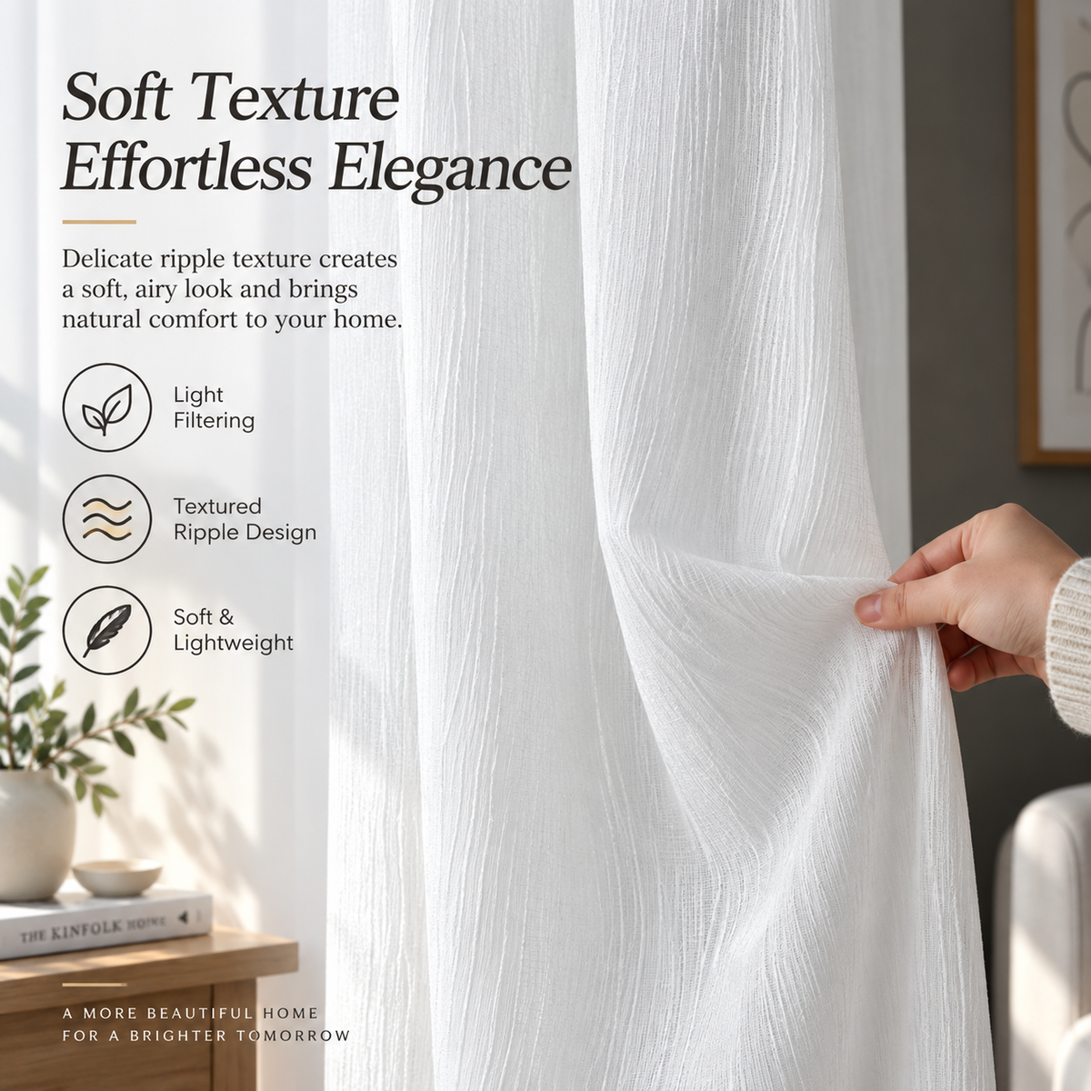 Textured White Sheer Curtains – Light Filtering Ripple Window Panels