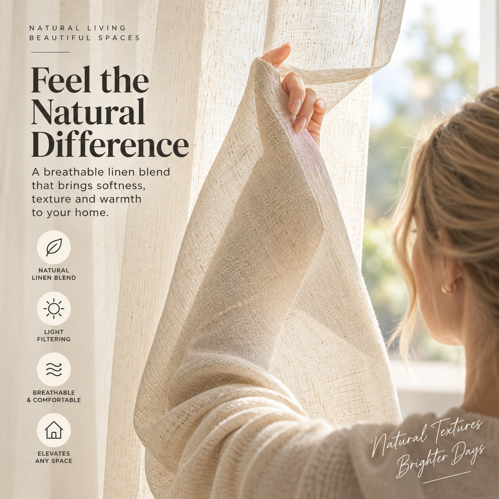 Natural Linen Blend Light Filtering Curtains – Textured Semi-Sheer Window Panels