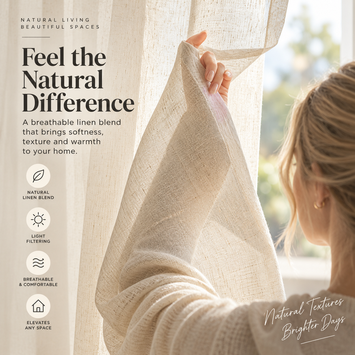 Natural Linen Blend Light Filtering Curtains – Textured Semi-Sheer Window Panels