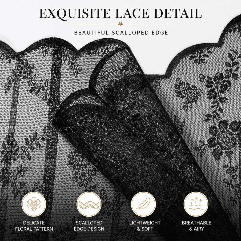 Black Floral Lace Sheer Curtains – Scalloped Edge Decorative Drapes