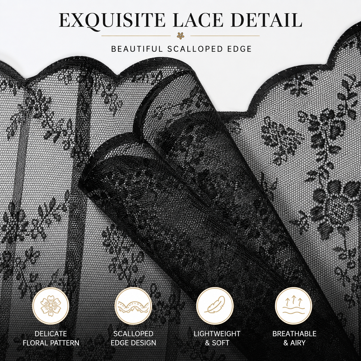 Black Floral Lace Sheer Curtains – Scalloped Edge Decorative Drapes