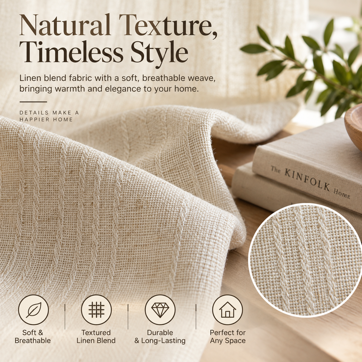 Natural Linen Blend Semi-Sheer Curtains – Textured Light Filtering Drapes