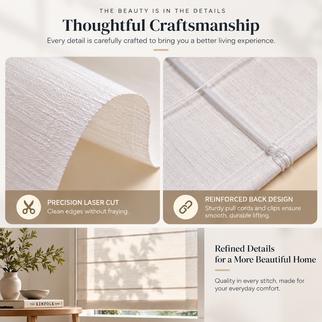 Custom Linen-Look Roman Shades – Light Filtering Window Blinds