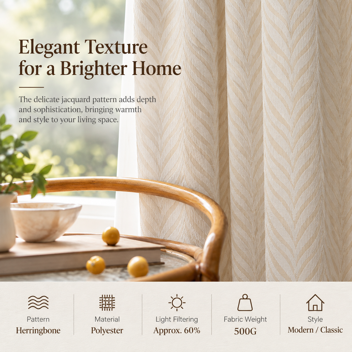 Herringbone Jacquard Curtains – Textured Light Filtering Drapes
