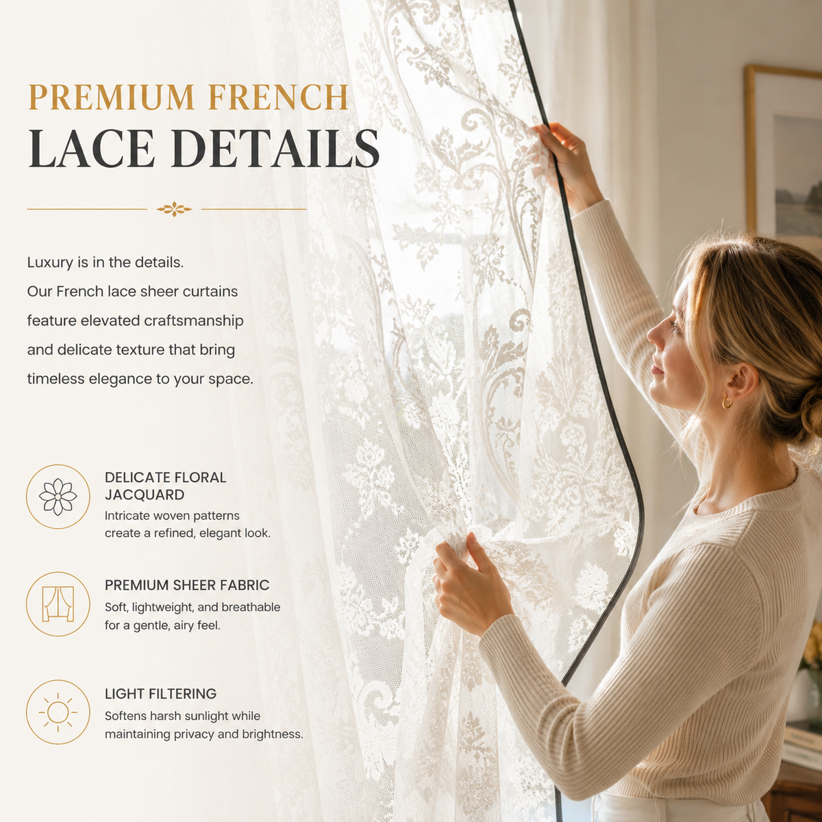 French Lace Jacquard Sheer Curtains – Vintage Floral Light Filtering Drapes
