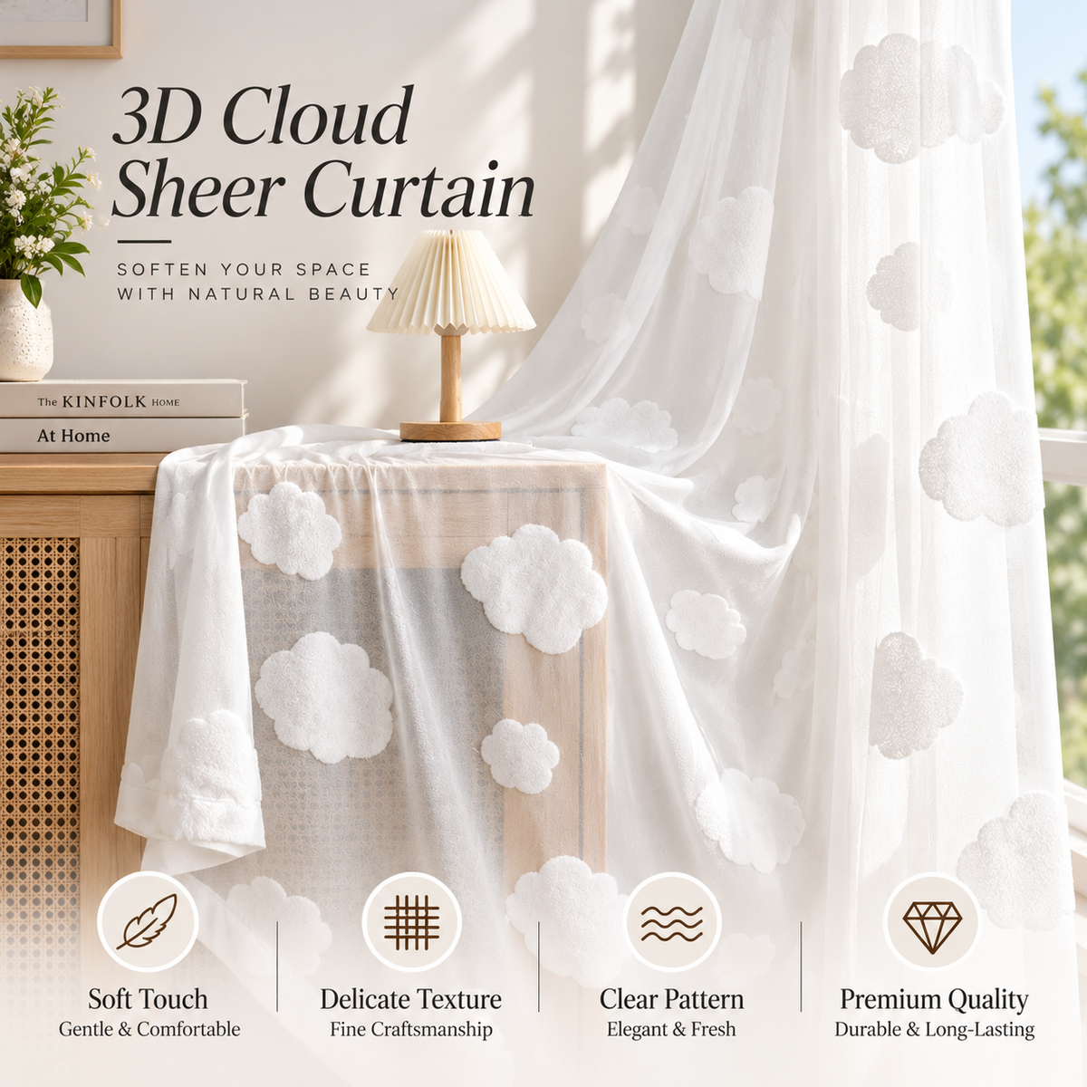 3D Cloud Sheer Curtains – White Light Filtering Curtains for Kids Room & Nursery