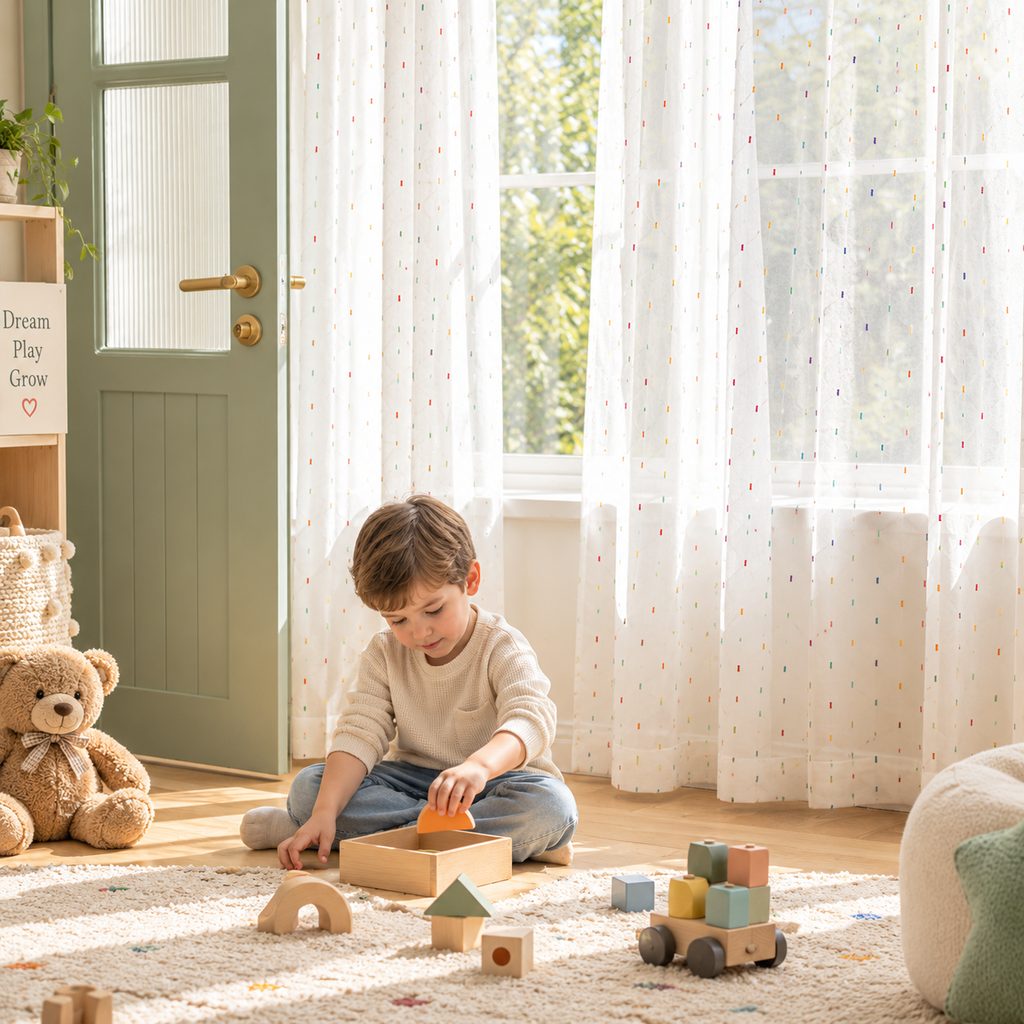 Rainbow Dot Embroidered Sheer Curtains for Kids Room & Nursery