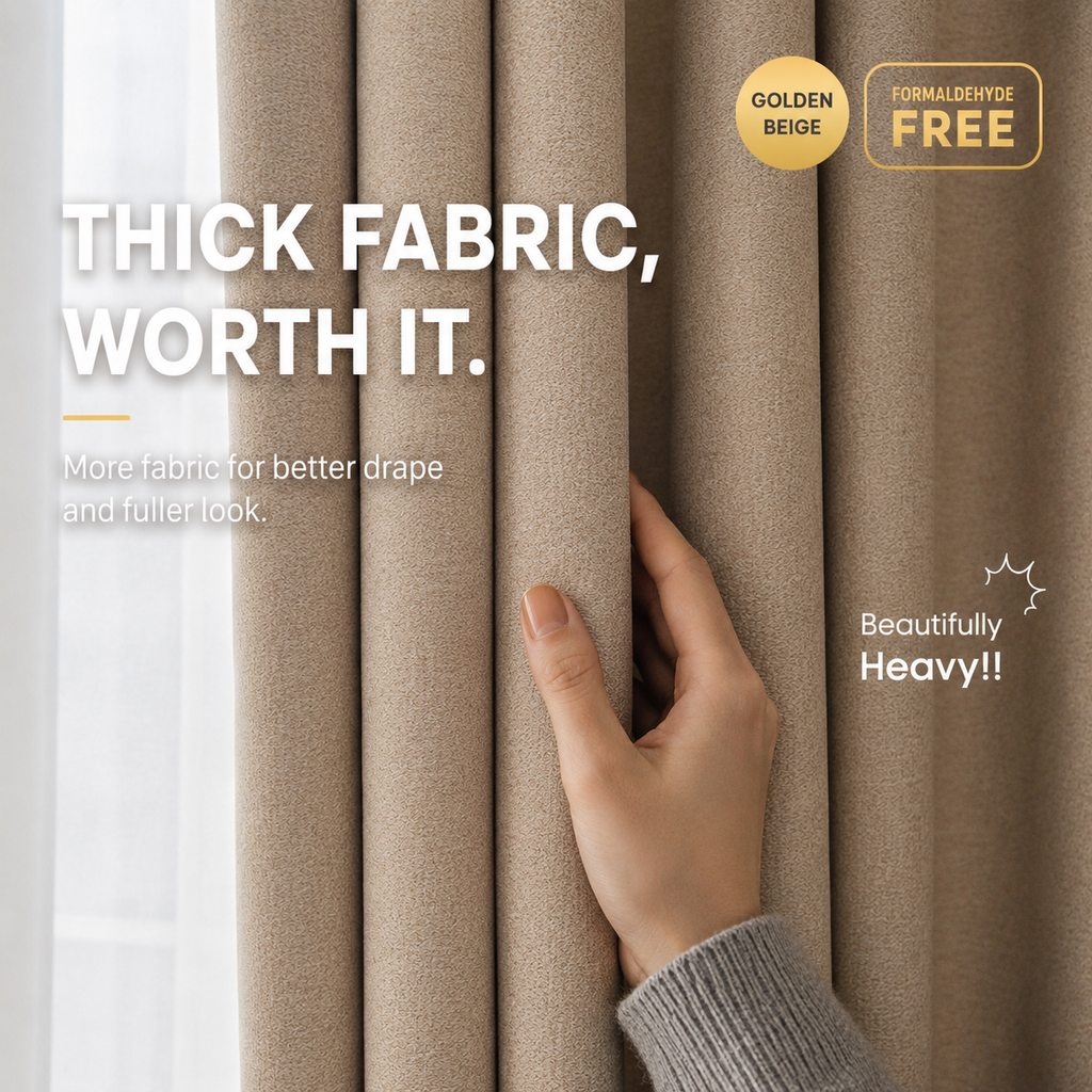 Golden Beige Blackout Curtains – Heavy Textured Linen Blend Drapes with Thermal Insulation