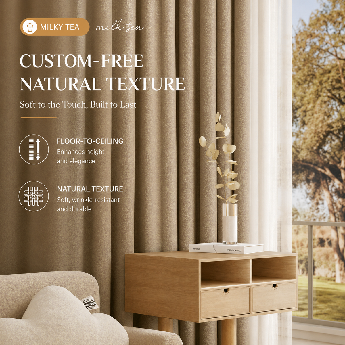 Milky Tea Textured Curtains – Soft Wrinkle-Resistant Drapes for Living Room & Bedroom