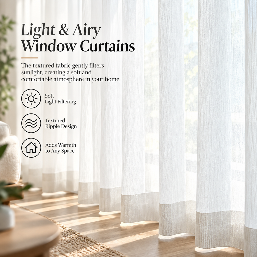 Textured White Sheer Curtains – Light Filtering Ripple Window Panels