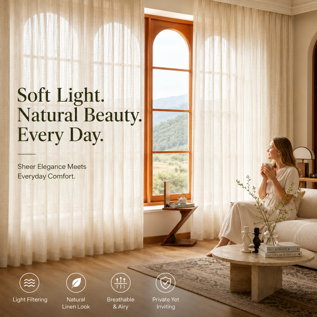 Natural Beige Textured Light Filtering Curtains – Linen Look Sheer Drapes